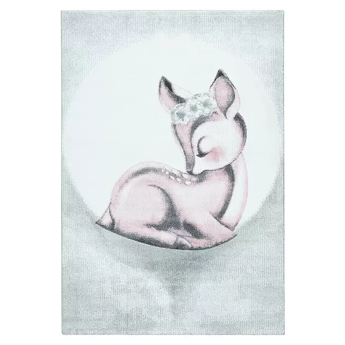 Kinderteppich Bambi 0850 - Pink, 200 x 140 cm, 100 % Polypropylen - Dekotextilteppich mit einem rosa und grauen Rehkitz, das einen Blumenkranz trägt.
