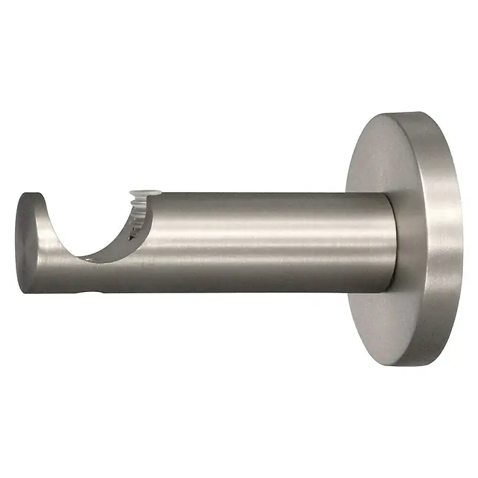 Expo Ambiente Wandträger Function - Edelstahloptik, Geeignet für: Gardinenstangen Ø 20 mm, 78 mm - Nahaufnahme einer Gardinenstange aus Metall, die an einer schwarzen Wand befestigt ist.