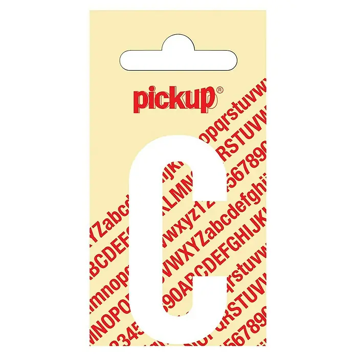 Pickup Aufkleber - Motiv: C, Weiß, Höhe: 60 mm - Ein gelber Aufkleberbogen von Pickup mit dem Buchstaben "C" als Aussparung, umgeben von roten Buchstabenreihen.