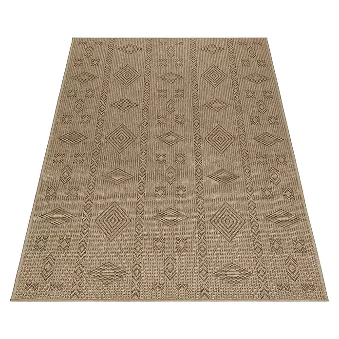 Outdoor-Teppich Dhaka III - Schwarz, 290 x 200 cm, 100 % Polypropylen - Beiger und brauner rechteckiger Teppich mit geometrischen Mustern.