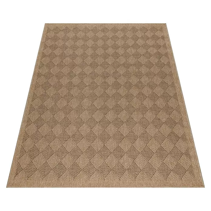 Outdoor-Teppich Dhaka IV - Schwarz, 150 x 80 cm, 100 % Polypropylen - Brauner rechteckiger Webteppich mit einem Korbmuster-Geometriedesign.