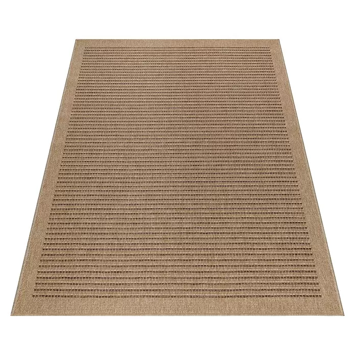 Outdoor-Teppich Dhaka II - Schwarz, 200 x 140 cm, 100 % Polypropylen - Rechteckiger beiger Webteppich mit horizontalen Streifenmuster.