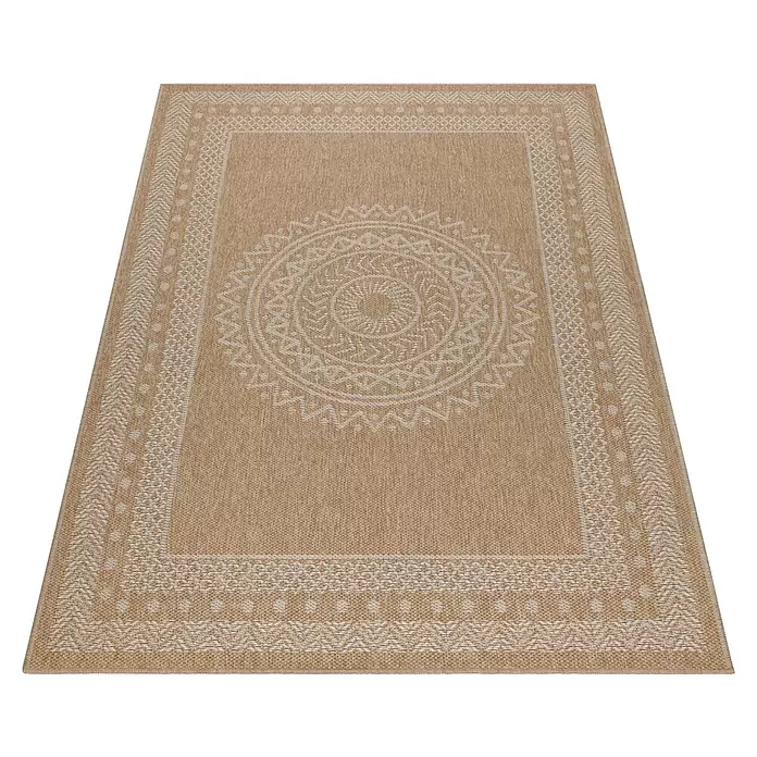 Outdoor-Teppich Dhaka I - Beige, 250 x 80 cm, 100 % Polypropylen - Beiger Flachgewebeteppich mit weißen geometrischen Mustern, einem zentralen Kreis und dekorativen Bordüren.