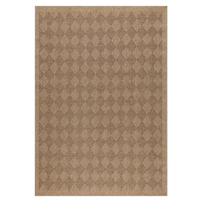 Outdoor-Teppich Dhaka IV - Schwarz, 150 x 80 cm, 100 % Polypropylen - Beiger und brauner Webteppich mit strukturiertem Rautenwebmuster.