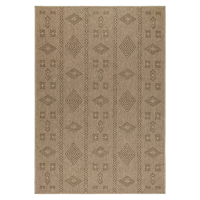 Outdoor-Teppich Dhaka III - Schwarz, 290 x 200 cm, 100 % Polypropylen - Ein hellbrauner gewebter Teppich mit dunklen geometrischen Mustern, darunter Rauten und Streifen, für drinnen oder draußen.