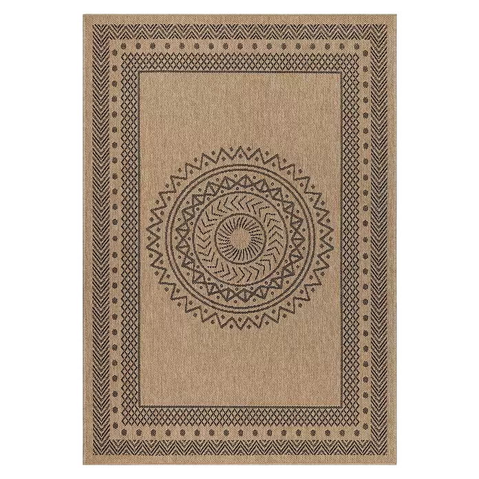 Outdoor-Teppich Dhaka I - Schwarz, 200 x 140 cm, 100 % Polypropylen - Beiger Webteppich mit dunklen geometrischen Mustern und zentralem Mandala-Design.