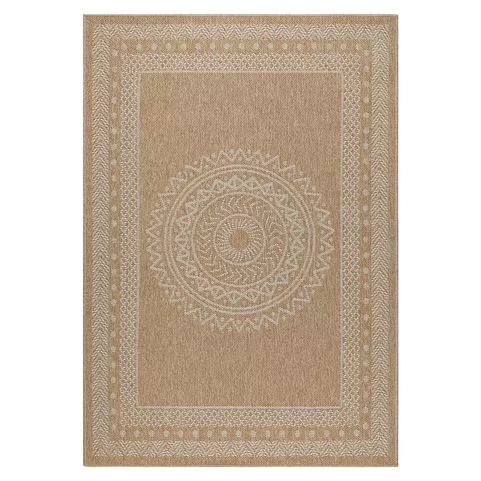 Outdoor-Teppich Dhaka I - Beige, 250 x 80 cm, 100 % Polypropylen - Sandfarbener Webteppich mit cremefarbenem Zentralmedaillon und geometrischem Randmuster.