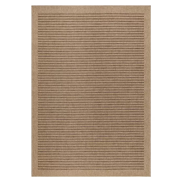 Outdoor-Teppich Dhaka II - Schwarz, 200 x 140 cm, 100 % Polypropylen - Gestreifter, gewebter Teppich in Brauntönen mit hellem Rand.
