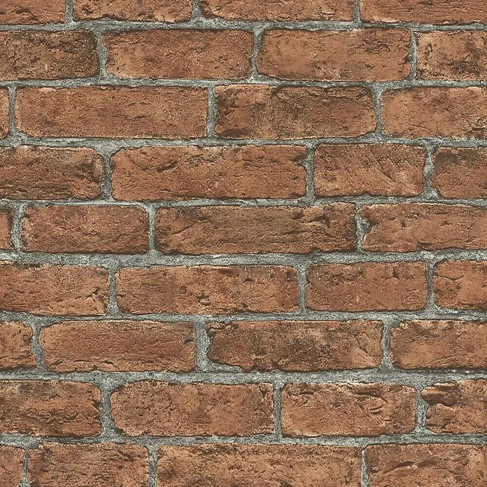 Rasch Vliestapete Stein - Rot/Grau, Steinoptik, 10,05 x 0,53 m - Nahaufnahme einer rustikalen Backsteinmauer mit rötlichen Ziegeln und grauen Fugen, die eine warme und industrielle Atmosphäre vermittelt.