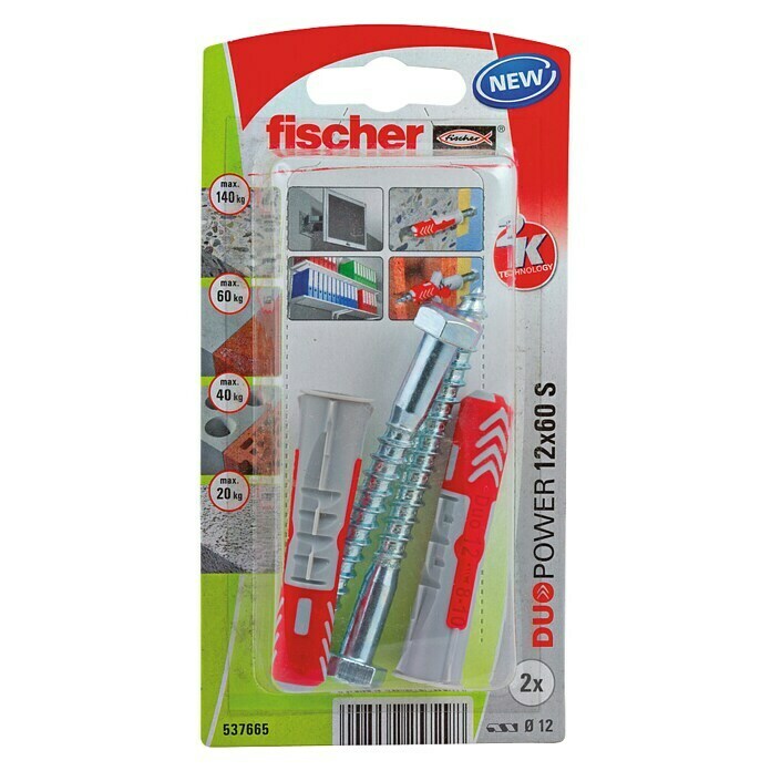 Fischer Duopower Set de tacos y tornillos (Diámetro taco: 12 mm, Longitud taco: 60 mm, 2 uds.)