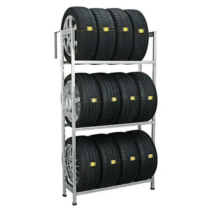 Scholz Reifenregal Grundelement - H x B x T: 192 x 103 x 32 cm, Traglast pro Träger: 200 kg, Anzahl Träger: 3 Stk., Stecken, Silber - Reifenregal mit drei Ebenen, gefüllt mit jeweils vier Reifen, die mit gelben Bändern gesichert sind.
