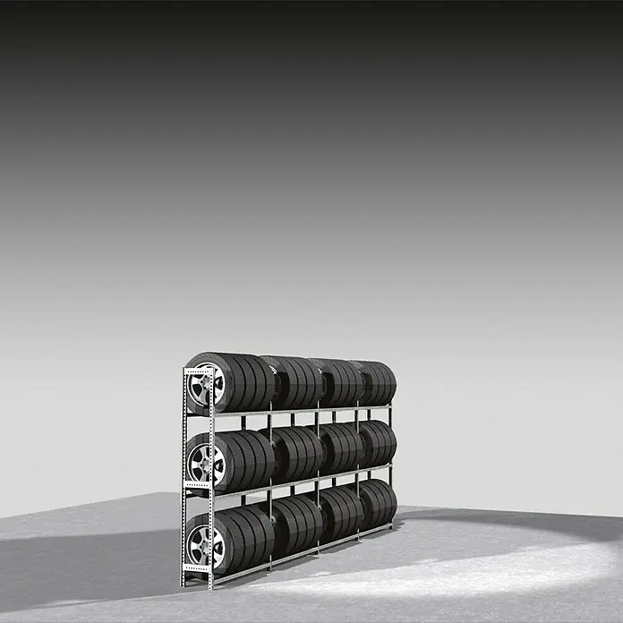 Scholz Reifenregal Anbauelement - H x B x T: 228 x 123,5 x 32 cm, Traglast pro Träger: 200 kg, Anzahl Träger: 3 Stk., Stecken, Silber - Ein dreistöckiges Reifenregal voller Reifen auf einem grauen Boden vor einem grauen Hintergrund. Es bietet viel Stauraum für Reifen.