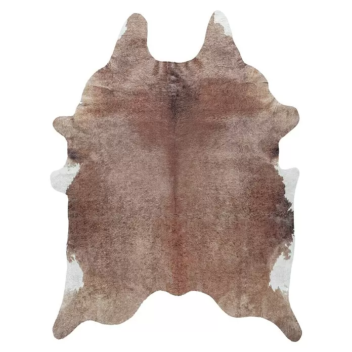 Flachgewebeteppich Etosha - Kuh, Braun, 200 x 150 cm, 100 % Polyester - Natürlicher braun-weißer Kuhfellteppich in unregelmäßiger Form.