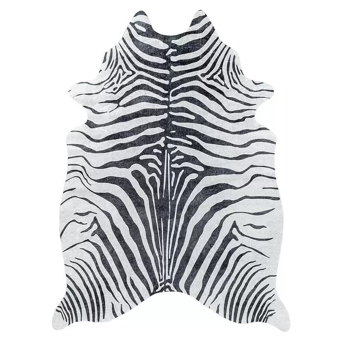 Flachgewebeteppich Etosha - Zebra, Schwarz, 200 x 150 cm, 100 % Polyester - Schwarz-weißer Teppich im Zebra-Print, in Form eines Tierfells.