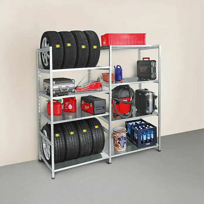 Scholz Reifenregal Grundelement - H x B x T: 192 x 105 x 72 cm, Traglast pro Boden: 300 kg, Anzahl Böden: 2 Stk., Stecken, Silber - Ein stabiles Metallregal voller Reifen, Werkzeugkisten, Ölkanister und Getränke, ideal für Garage oder Werkstatt.