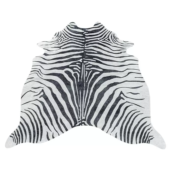Flachgewebeteppich Etosha - Zebra, Schwarz, 200 x 150 cm, 100 % Polyester - Texturierter schwarz-weißer Zebra-Print-Teppich in unregelmäßiger Tierfellform.
