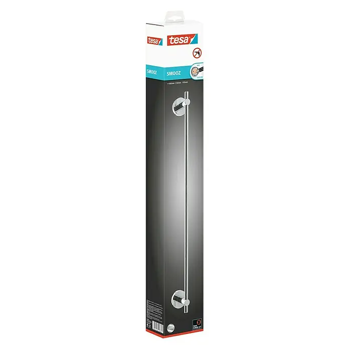 Tesa Smooz Badetuchhalter - Breite: 64 cm, Chrom, Glänzend - Verpackung einer Tesa Smooz Handtuchstange. Die Verpackung zeigt das Produkt, eine glänzende, moderne Handtuchstange für das Badezimmer.