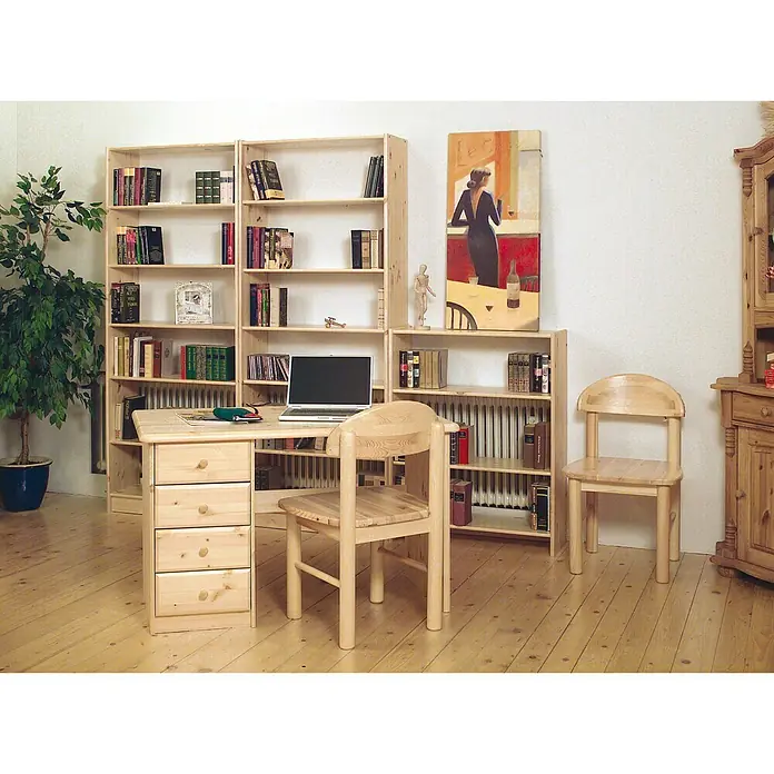 Leimholzplatte Naturwuchs - Kiefer, Qualitätsstufe Leimholzplatte: C/C, 800 x 250 x 18 mm - Ein helles Holzschreibtisch-Set mit Bücherregalen, ideal für ein Arbeitszimmer oder Kinderzimmer. Das Set umfasst einen Schreibtisch mit Schubladen und Stühle.