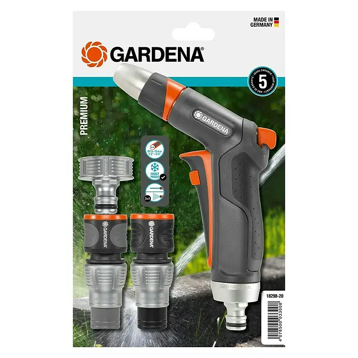 Gardena Reinigungsspritzen-Set Premium Grundausstattung - Metall/Kunststoff - Produktverpackung für eine Gardena Premium-Gartenspritze mit verschiedenen Aufsätzen und dem Hinweis "Made in Germany".