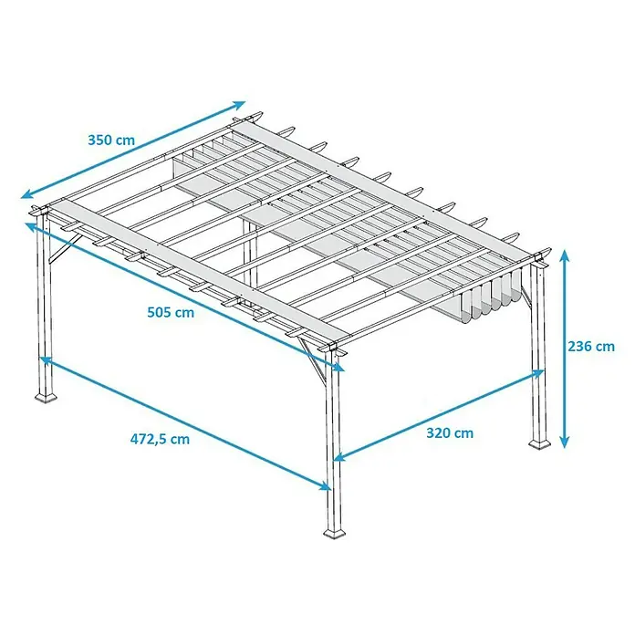Paragon Outdoor Raffpavillon Florenz - B x T: 505 x 350 cm, Farbe Dach: Braun, Farbe Gestell: Braun - Abbildung einer Pergola mit Maßangaben. Die Pergola ist in einer technischen Zeichnung dargestellt.