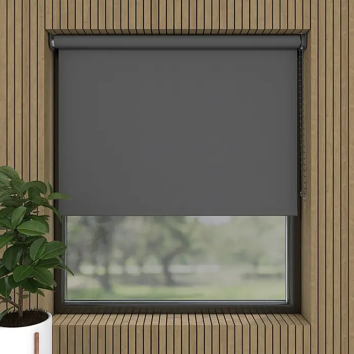 Verdunkelungsrollo Mini Colormatch - B x H: 80 x 150 cm, Anthrazit - Grauer Rolladen vor einem Fenster mit Holzrahmen und einer grünen Pflanze im Vordergrund. Der Rollladen bietet Privatsphäre und Lichtschutz.