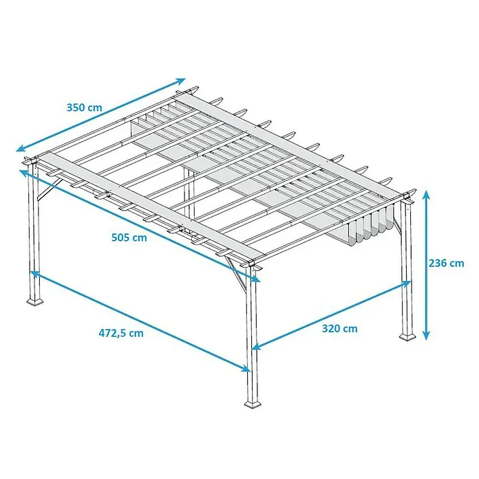 Paragon Outdoor Raffpavillon FlorenzB x T: 505 x 350 cm, Farbe Dach: Braun, Farbe Gestell: Dunkelbraun - Produktansicht des Pavillons mit Abmessungen. Der Pavillon ist ideal für den Garten und bietet Schutz vor Sonne und Regen.