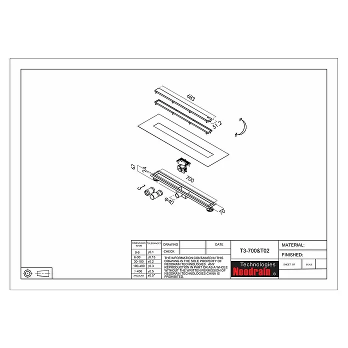 Duschrinne Lech - 70 cm, Edelstahl, Schwarz - Schematische Darstellung des Neodrain T3-700&T02 mit Maßen, die die Konstruktion und ihre Abmessungen hervorheben.