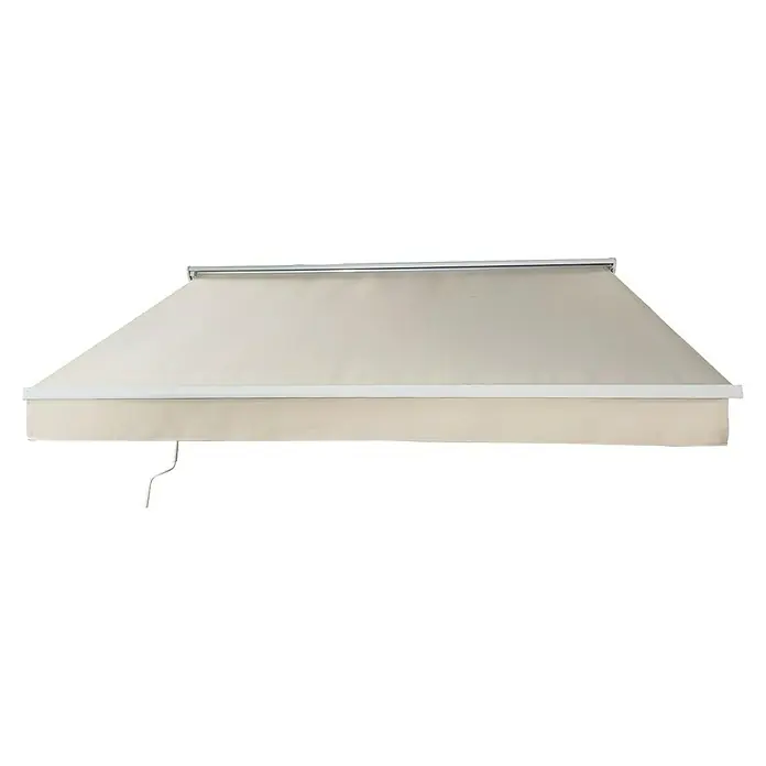 Toldo de brazos extensibles Living - Blanco, Ancho: 3 m, Caída: 2 m - Primer plano de un toldo retráctil con marco blanco y tela beige, perfecto para protección solar y sombra para terrazas.