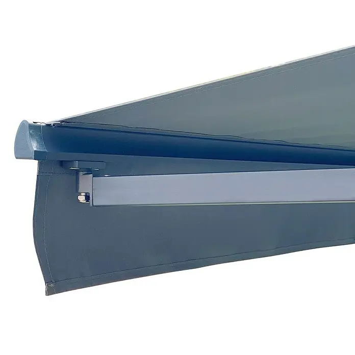 Toldo de brazos extensibles Basic - Gris, Ancho: 2,5 m, Caída: 2 m - Primer plano de un toldo gris con estructura, que proporciona sombra y protección del sol.\n