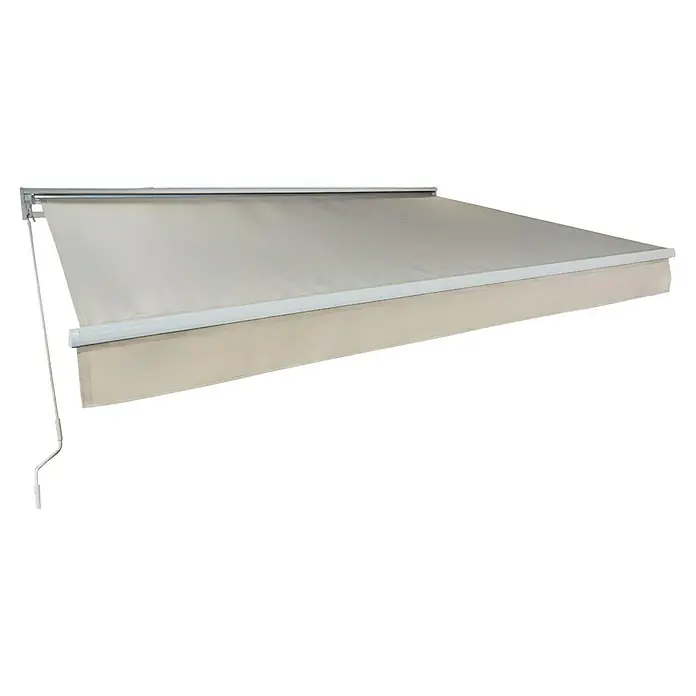 Toldo de brazos extensibles Living - Blanco, Ancho: 3 m, Caída: 2 m - Un toldo retráctil beige con marco blanco, que proporciona sombra y protección solar. Perfecto para patios o balcones.