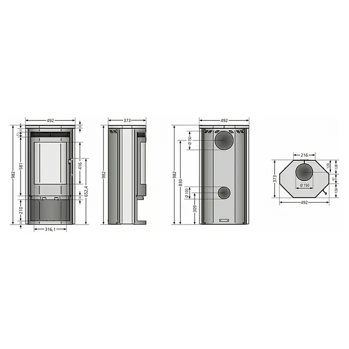Justus Kaminofen Usedom 5 II - 5,5 kW, Raumheizvermögen: 88 m³, Material Verkleidung: Speckstein, Gussgrau/Speckstein - Abmessungen des Kaminofens mit Höhen-, Breiten- und Tiefenangaben sowie Durchmesser für Rauchrohranschluss.