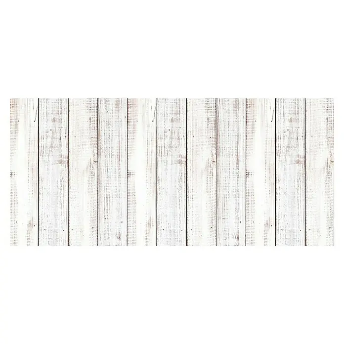 Alfombra de vinilo Croma Madera - Blanco, 110 x 50 cm, PVC - Un primer plano de una pared de madera blanca, que ofrece una textura rústica y natural para fondos o decoraciones.