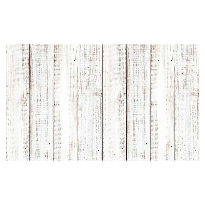 Alfombra de vinilo Croma Madera - Blanco, 75 x 45 cm, PVC - Una foto de tablones de madera verticales pintados de blanco con una textura rústica, ideal para fondos.