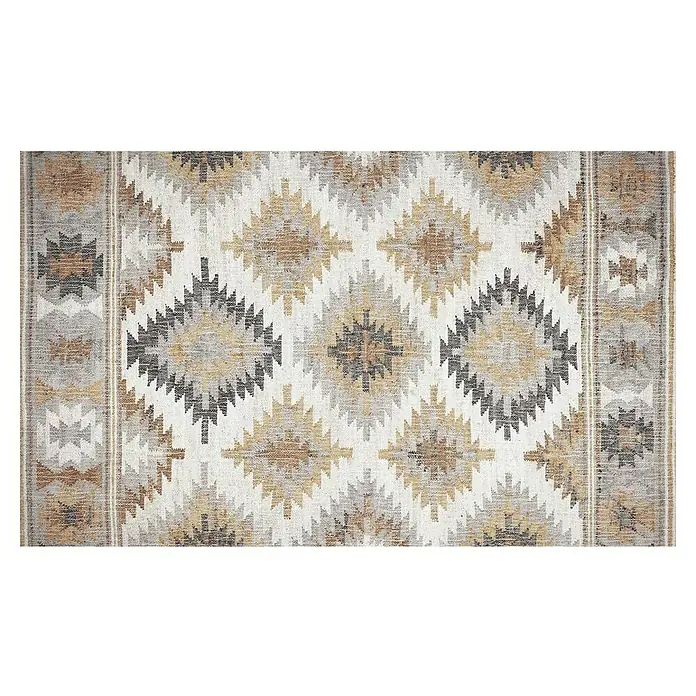 Alfombra de vinilo Croma Rombos - Gris, 75 x 45 cm, PVC - Una alfombra con un diseño abstracto y geométrico en tonos de marrón, gris y blanco, aportando un toque moderno y elegante.