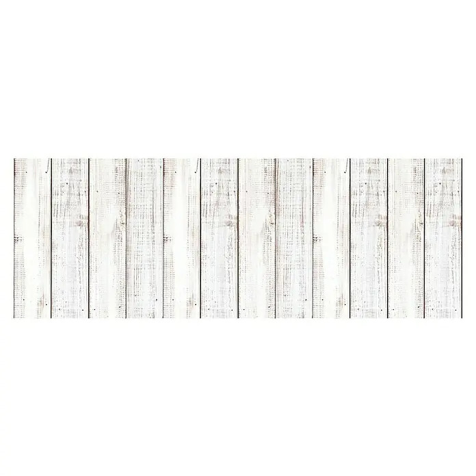 Alfombra de vinilo Croma Madera - Blanco, 140 x 50 cm, PVC - Paneles de madera clara con grano visible y pintura blanca ligeramente desgastada, ideal como fondo para presentaciones de productos.