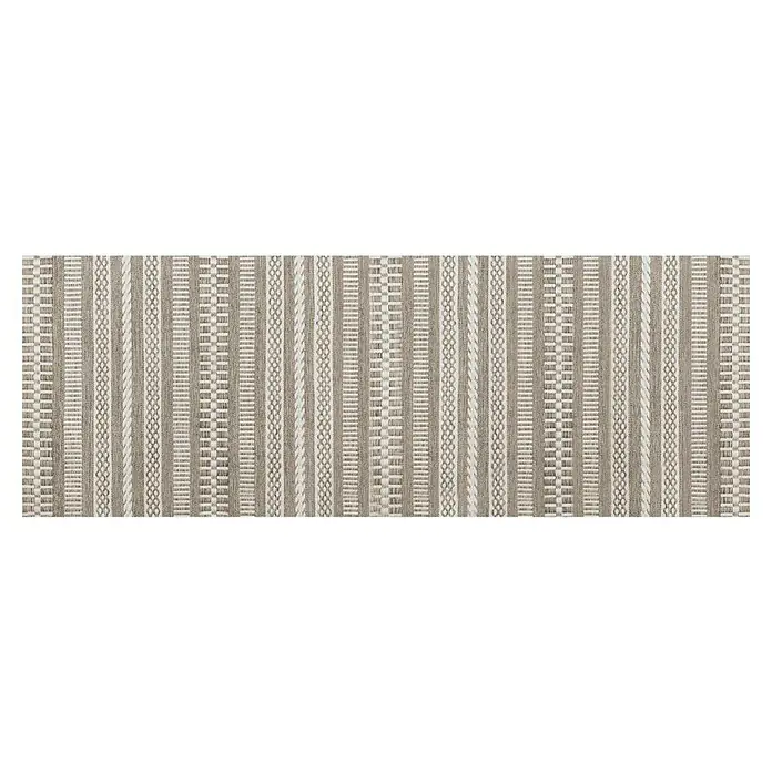 Alfombra de vinilo Croma Jarapa - Gris, 140 x 50 cm, PVC - Primer plano de una alfombra con un patrón lineal de varios tejidos en tonos neutros. Una decoración de suelo moderna y elegante.