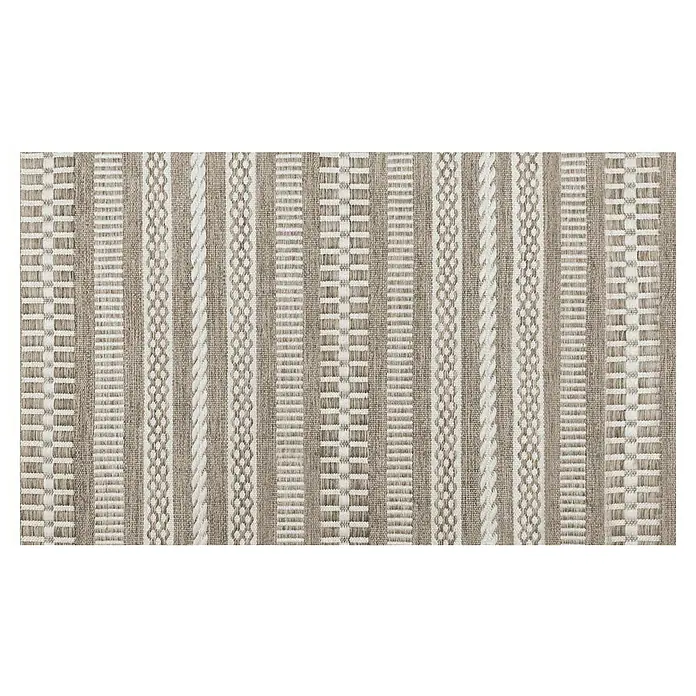 Alfombra de vinilo Croma Jarapa - Gris, 75 x 45 cm, PVC - Una imagen detallada de una alfombra tejida que muestra rayas verticales con diversas texturas y patrones, creando un diseño elegante y texturizado.