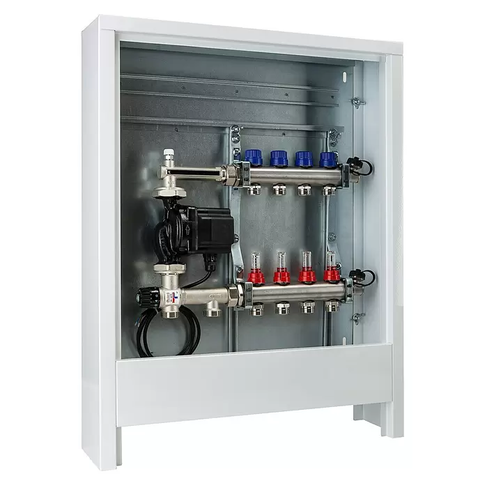 Jollytherm Verteilerschrank - B x H: 72 x 75 cm, Aufputz, Anzahl Anschlüsse: 6 Stk., Stahl - Weißer Metallschrank mit silbernem Fußbodenheizverteiler, Pumpe, blauen Kappen und roten Durchflussmessern.