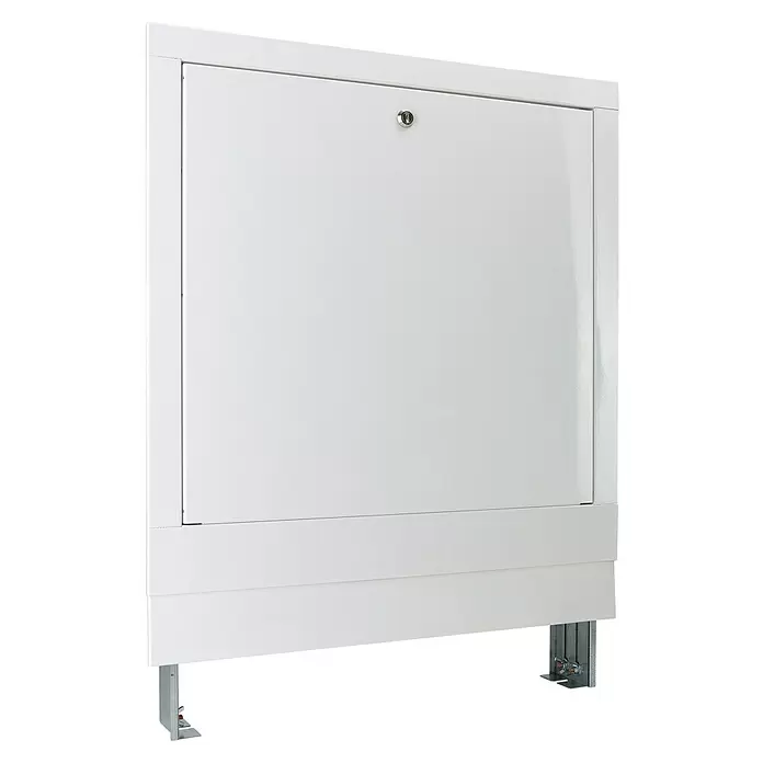 Jollytherm Verteilerschrank - B x H: 58 x 75 cm, Unterputz, Anzahl Anschlüsse: 6 Stk., Stahl - Weißer Metallschrank mit Schloss und silbernen Metallfüßen.