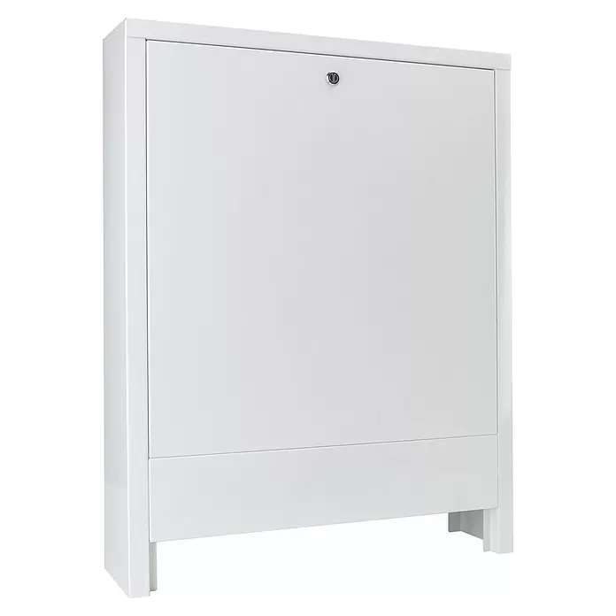 Jollytherm Verteilerschrank - B x H: 72 x 75 cm, Aufputz, Anzahl Anschlüsse: 6 Stk., Stahl - Weißer Metallschrank mit Einzeltür und Schloss, auf integrierten Füßen stehend.
