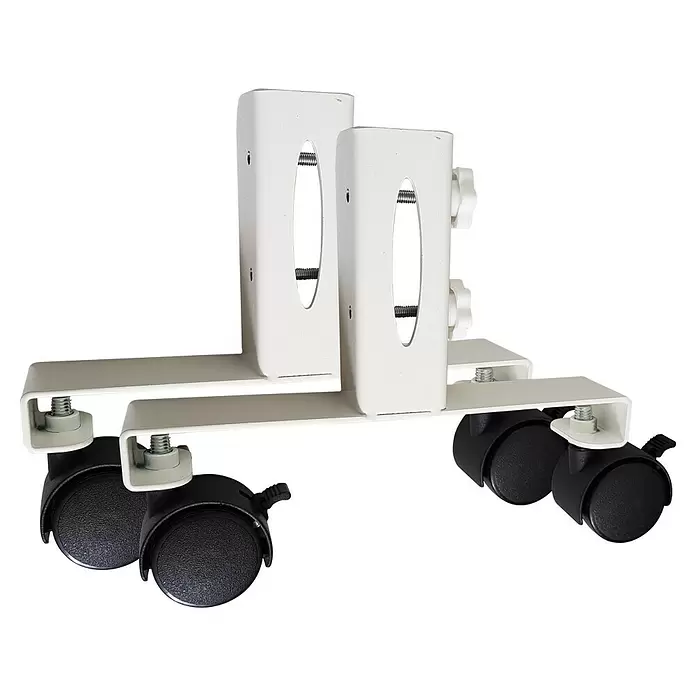 Jollytherm Standfuß - L x B x H: 19 x 4 x 17 cm - Weiße Metall-PC-Ständer mit schwarzen Rollen, verstellbar für Desktop-Computer-Mobilität.