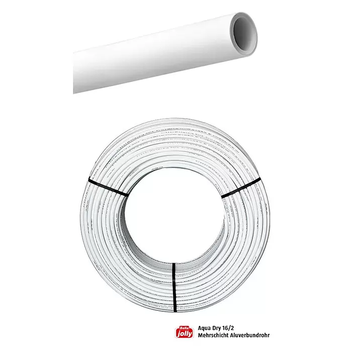 Jollytherm Alu-Verbundrohr - Durchmesser Rohr: 16 mm, Länge: 200 m - Weißes Mehrschicht-Verbundrohr, einzeln und als große Rolle aufgerollt dargestellt.