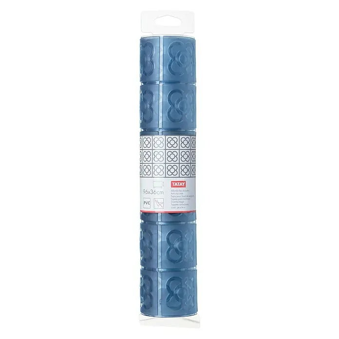 Tatay Alfombra antideslizante para ducha BCN - 36 x 96 cm, PVC, Azul - Una alfombra de baño antideslizante azul de TATAY enrollada y empaquetada con un elegante patrón floral. Ideal para baños.