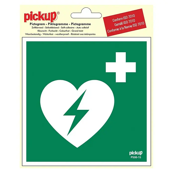 Pickup Aufkleber - L x B: 15 x 15 cm, Automatisierter Externer Defibrillator - AED Defibrillator Aufkleber: Grünes Schild mit weißem Herz, Blitz und Kreuz für Erste Hilfe.