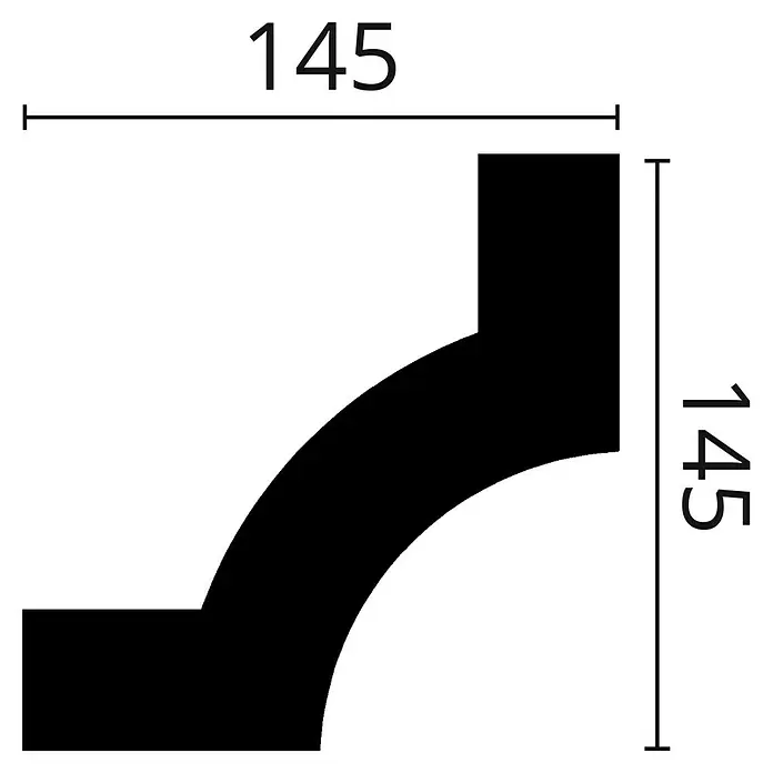 Nmc Decoflair Eckelement Eckteil Viertelbogen für Wandleiste - 4 Stk., Passend für: Nmc Decoflair Zierprofil Wandleiste CL1 - Schwarzer Zierleistenquerschnitt, zeigt Maße von 145x145mm.