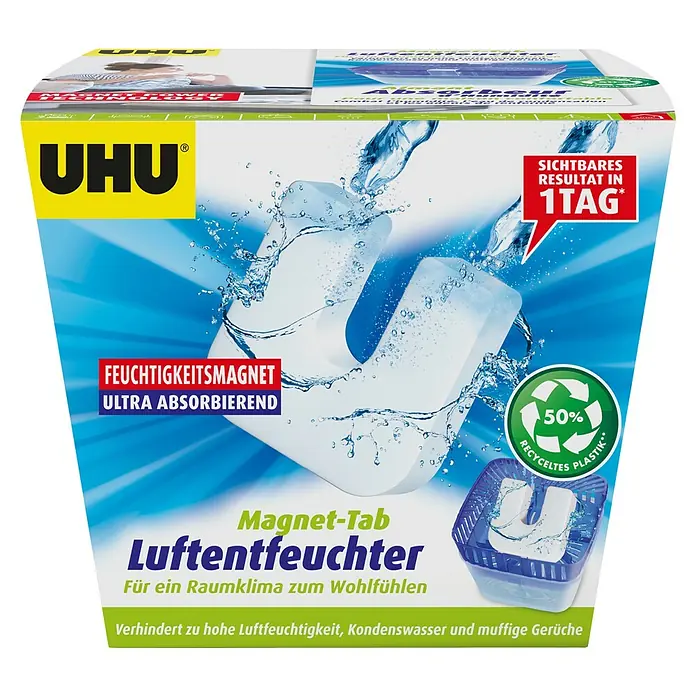 UHU Luftentfeuchter Magnet-Tab - 1 Stk. x 450 g - UHU Luftentfeuchter Magnet-Tab: Sorgt für ideales Raumklima, reduziert Luftfeuchtigkeit, Kondenswasser und Gerüche. Mit recyceltem Kunststoff.