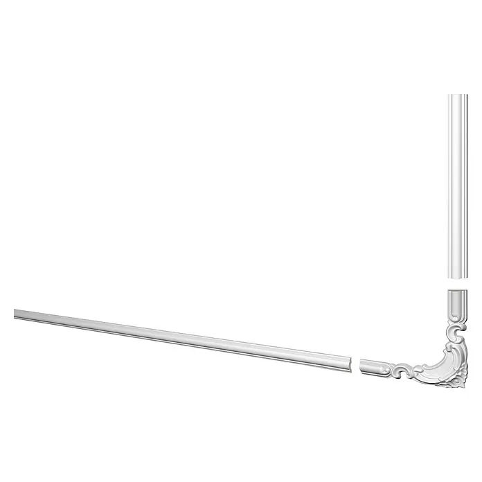 Nmc Decoflair Eckelement Eckteil Viertelbogen für Wandleiste CL2 - 4 Stk., Passend für: Nmc Decoflair Zierprofil Wandleiste CL2 - Weiße Zierleistenstücke, darunter ein langes gerades, ein vertikales und ein verziertes Eckstück.