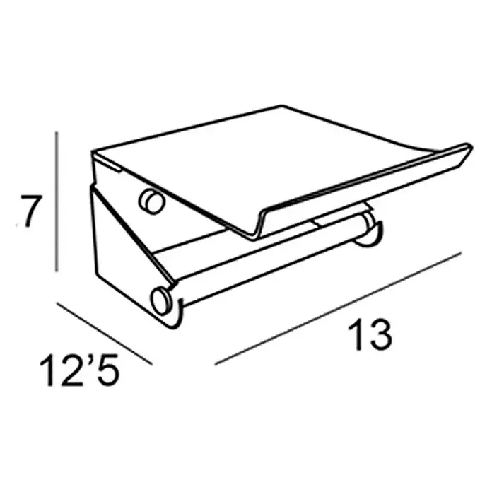 Tauro Baño Line Portarrollos papel higiénico - Cromo - Boceto de un portarrollos de papel higiénico con estante, dimensiones incluidas en el dibujo. Accesorio de baño funcional con líneas limpias.