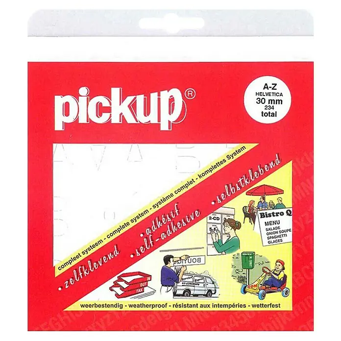 Pickup Aufkleber - Buchstaben, Weiß, Höhe: 30 mm - Aufkleberbogen "Pickup" mit Buchstaben (A-Z), Helvetica, 30 mm, 234 Stück. Selbstklebend, wetterfest und für komplette Systeme geeignet.
