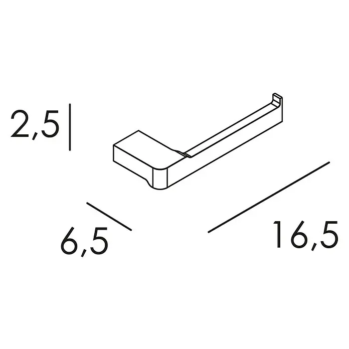 Tauro Baño Bluss Portarollos de papel higiénico - Sin tapa, Cromo - Dibujo de un producto con dimensiones etiquetadas: 2,5, 6,5 y 16,5. El dibujo muestra un soporte o gancho con dimensiones específicas.